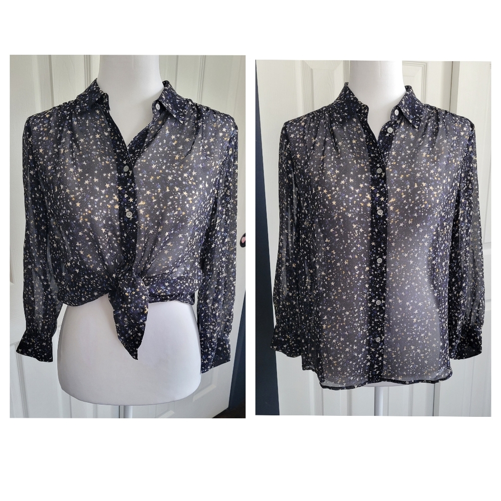 J. Crew Sheer Long Sleeve Button Down Blouse With Star Pattern, Women's Small